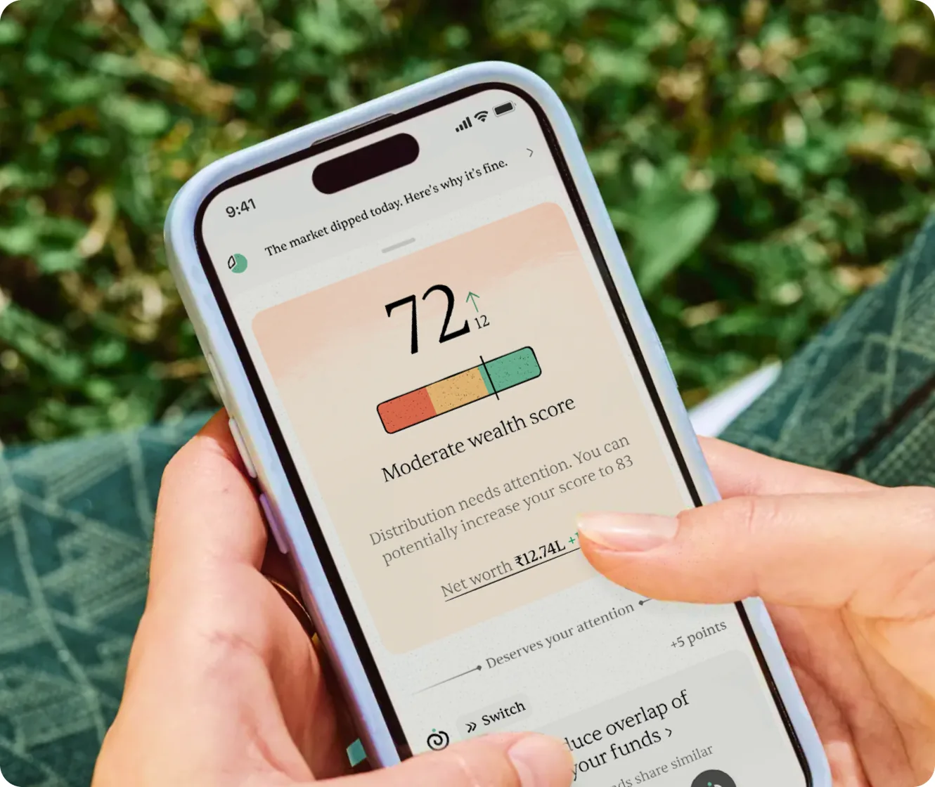 The GoReach app showing a Wealth Score of 72 with a breakdown of what is shaping it.